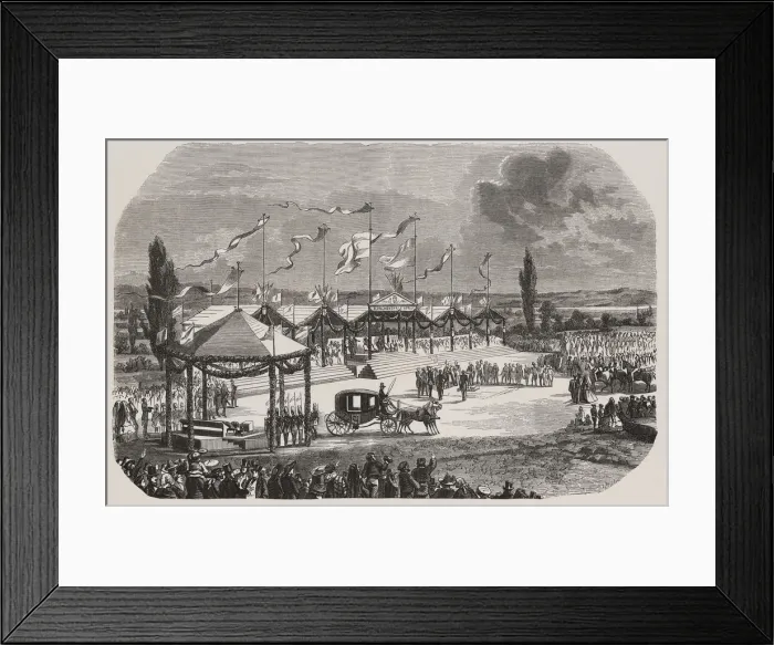 Framed Print : Inauguration of the railway station in Saragossa on May 12, 1856, engraving from the time