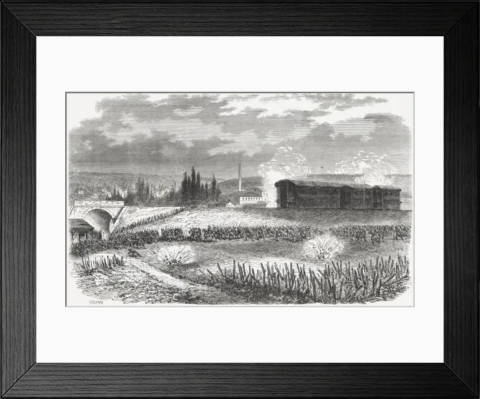 Framed Print : Defense of Paris against the Prussians, armored wagons of the railroad company during Framed Print : Defense of Paris against the Prussians, armored wagons of the railroad company during