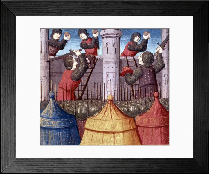 Framed Print : Assault and taking of a castle by the knights of King Arthur, miniature in the incunable Framed Print : Assault and taking of a castle by the knights of King Arthur, miniature in the incunable