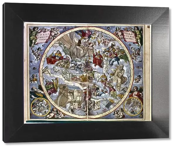 Harmonia Macrocosmica, engraving with Bible passages by Andreas Cellarius