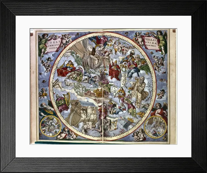 Framed Print : Harmonia Macrocosmica, engraving with Bible passages by Andreas Cellarius Framed Print : Harmonia Macrocosmica, engraving with Bible passages by Andreas Cellarius
