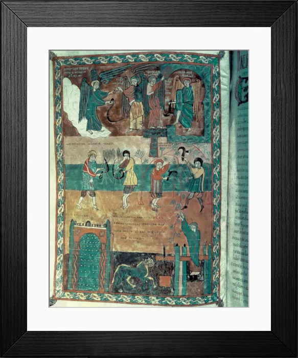 Framed Print : The harvest time and the grape harvest, Miniature in the Beatus of Valcavado (S Framed Print : The harvest time and the grape harvest, Miniature in the Beatus of Valcavado (S