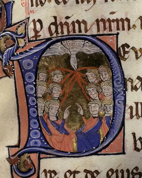 Whitsun, illuminated capital letter in the Episcopal Sacramentary of Elna, manuscript