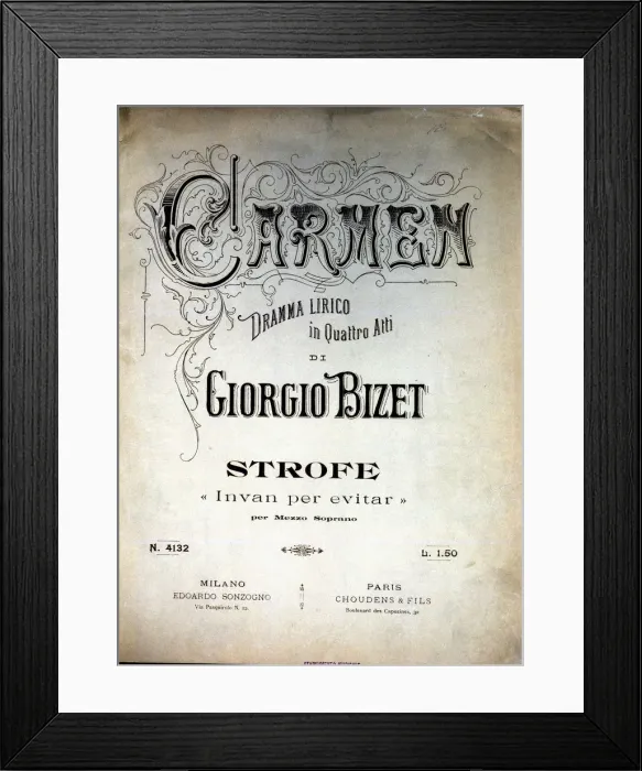 Framed Print : Cover of the score of the opera Carmen by Giorgio Bizet, Italian edition from 1920 Framed Print : Cover of the score of the opera Carmen by Giorgio Bizet, Italian edition from 1920