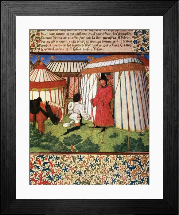 Framed Print : Knight kneeling before the tent of honor, Miniature in Roman de la Rose, illuminated Framed Print : Knight kneeling before the tent of honor, Miniature in Roman de la Rose, illuminated