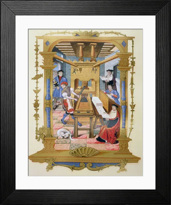 Framed Print : Printing in a miniature in Recueils des Chants Royaux 15th century Framed Print : Printing in a miniature in Recueils des Chants Royaux 15th century