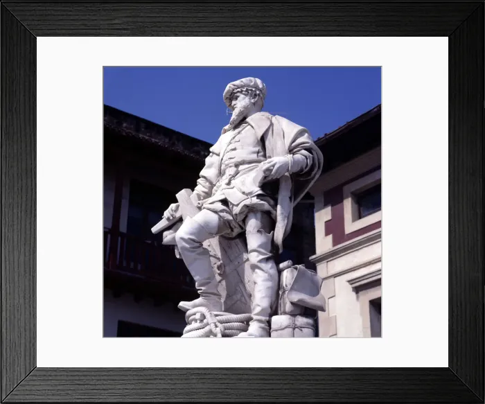 Framed Print : Monument with marble statue dedicated in his hometown of Juan Sebastian Elcano (1486-1526) Framed Print : Monument with marble statue dedicated in his hometown of Juan Sebastian Elcano (1486-1526)