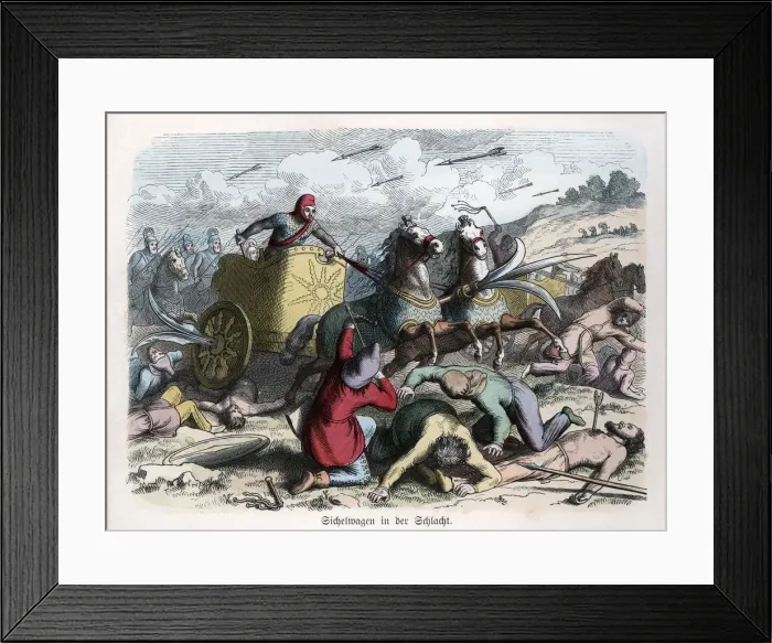 Framed Print : Ancient History. Persia. War chariot with sickles in their wheels. German engraving, 1865 Framed Print : Ancient History. Persia. War chariot with sickles in their wheels. German engraving, 1865