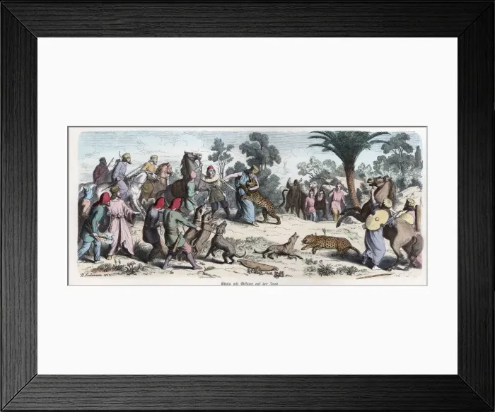 Framed Print : Ancient History. Persia. The Persian king and his entourage on a leopards hunting Framed Print : Ancient History. Persia. The Persian king and his entourage on a leopards hunting