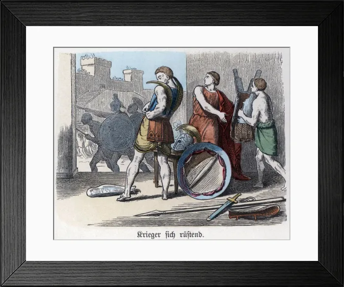 Framed Print : Ancient History. Greece. Greek warriors arming themselves for war. German engraving, 1865 Framed Print : Ancient History. Greece. Greek warriors arming themselves for war. German engraving, 1865