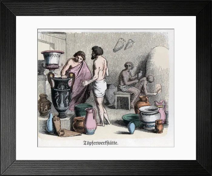 Framed Print : Ancient History. Greece. Pottery workshop, manufacturing of amphorae. German engraving, 1865 Framed Print : Ancient History. Greece. Pottery workshop, manufacturing of amphorae. German engraving, 1865