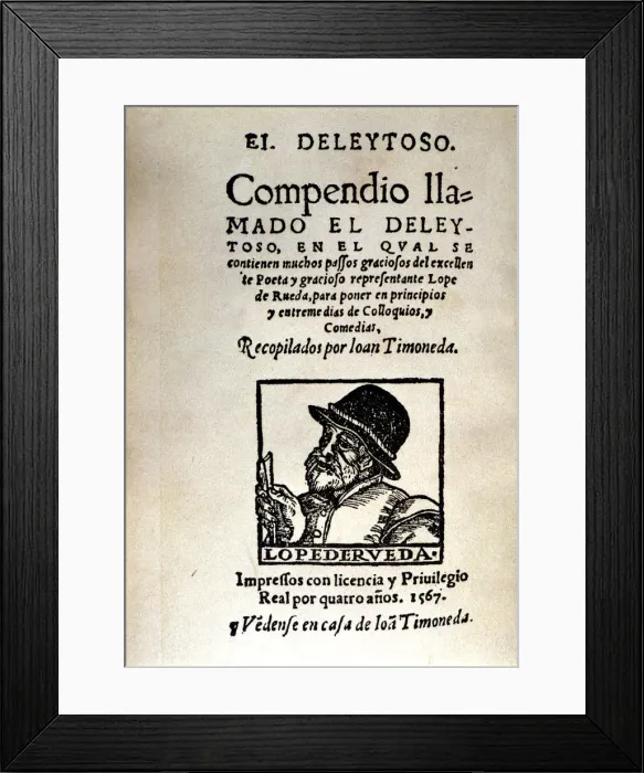 Framed Print : Cover of the edition of El deleytoso by Lope de Rueda, printed in Valencia, 1567 by Joan Timoneda Framed Print : Cover of the edition of El deleytoso by Lope de Rueda, printed in Valencia, 1567 by Joan Timoneda