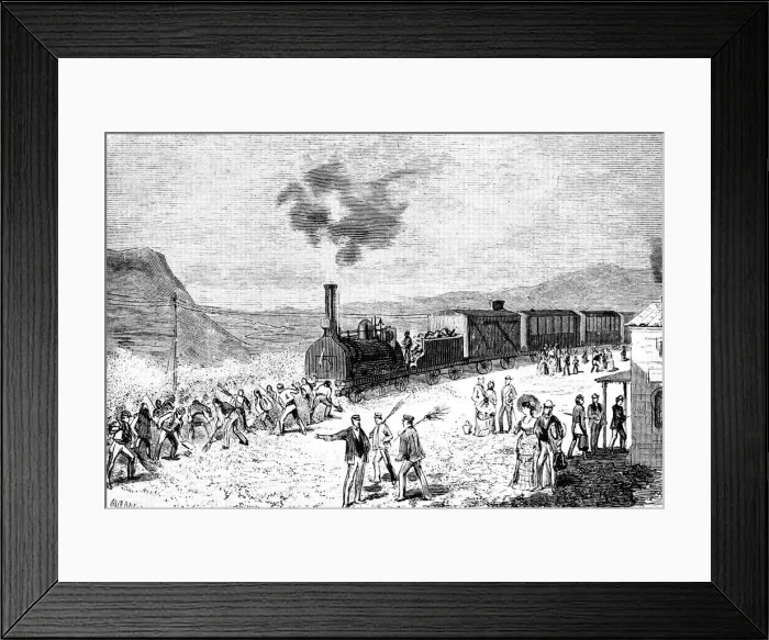 Framed Print : Railway line from Ciudad Real to Badajoz inaugurated in 1852, train stopped by a Framed Print : Railway line from Ciudad Real to Badajoz inaugurated in 1852, train stopped by a