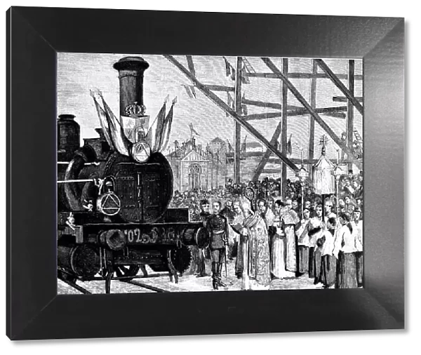 Blessing of the first locomotive, before the King and Queen of Spain, which circulated