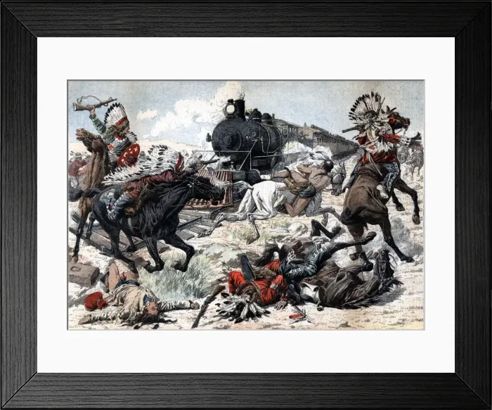 Framed Print : Passengers train, attacked by a tribe of Red Indians in Arizona, drawing published Framed Print : Passengers train, attacked by a tribe of Red Indians in Arizona, drawing published