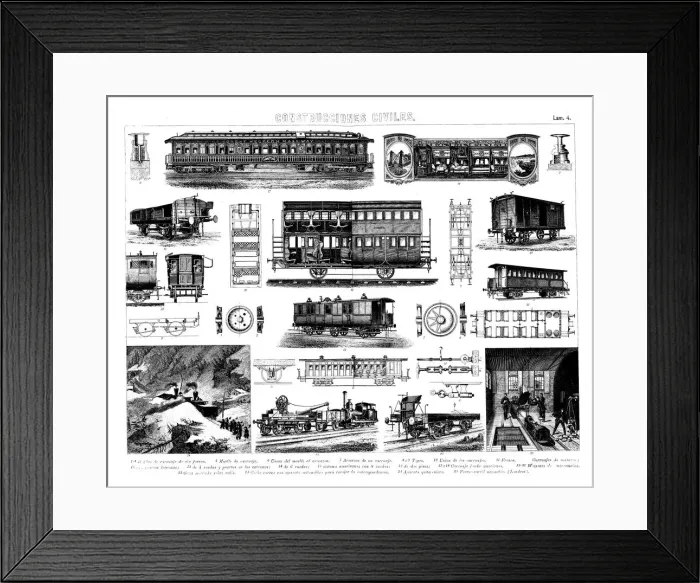 Framed Print : Civil constructions, different types of train cars, joining systems, brakes and wheels Framed Print : Civil constructions, different types of train cars, joining systems, brakes and wheels