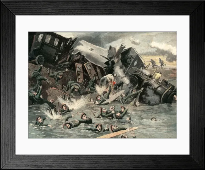 Framed Print : Derailment of a Russian military train, falling into the river Dornat, the train Framed Print : Derailment of a Russian military train, falling into the river Dornat, the train