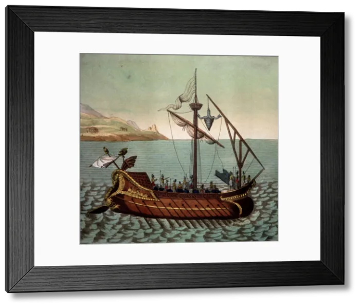 Framed Print : Reconstruction of a Roman ship El Corvo di Duillio, from customs and manners of the people Framed Print : Reconstruction of a Roman ship El Corvo di Duillio, from customs and manners of the people