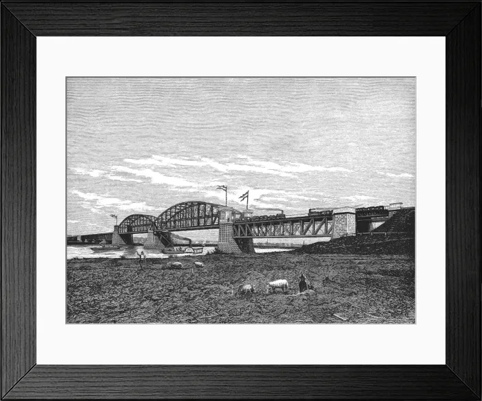 Framed Print : Metal bridge for railway over the Rhine river near Arnhem, engraving 1879 Framed Print : Metal bridge for railway over the Rhine river near Arnhem, engraving 1879