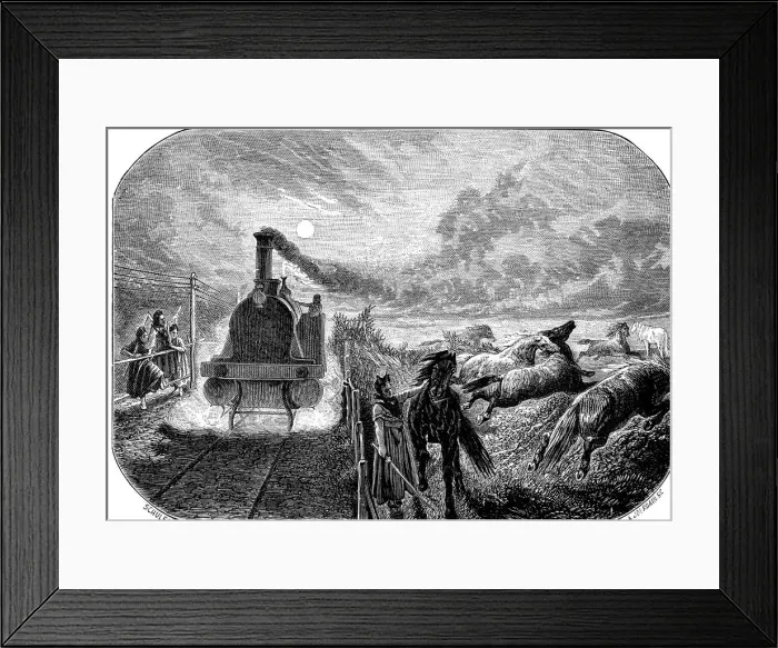 Framed Print : Stampede of horses when passing a steam train in the Alsace region, drawing engraved by M Framed Print : Stampede of horses when passing a steam train in the Alsace region, drawing engraved by M