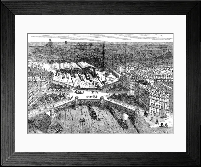 Framed Print : Overview of the European Square in Paris, raised over railroad lines, engraving 1867