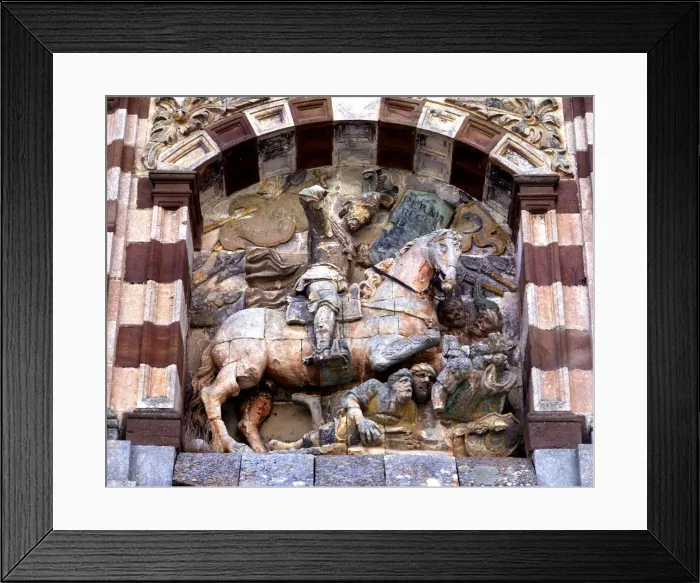 Framed Print : Equestrian figure on the facade of the Monastery of San Pedro de Cardena, Trappist Framed Print : Equestrian figure on the facade of the Monastery of San Pedro de Cardena, Trappist