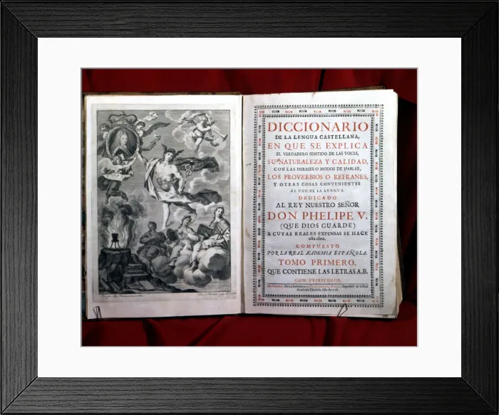 Framed Print : Dictionary of the Spanish Language, Volume 1. Madrid, Royal Spanish Academy of Language Framed Print : Dictionary of the Spanish Language, Volume 1. Madrid, Royal Spanish Academy of Language