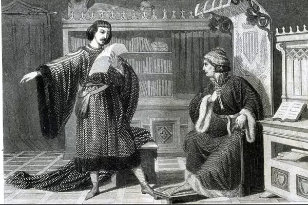 Ausias March (1397-1459), engraving of 1864, reading his poems to the Prince of Viana