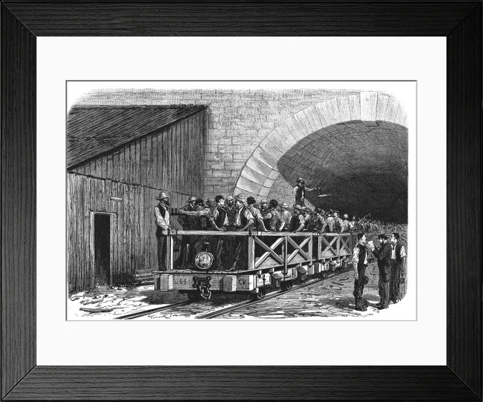 Framed Print : Tunnel opening of the Alps, workers exiting after a working day by the French mouth Framed Print : Tunnel opening of the Alps, workers exiting after a working day by the French mouth