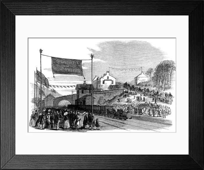 Framed Print : Arrival by rail of the Constable of Cheshire, to Mottram Station in April of 1855 Framed Print : Arrival by rail of the Constable of Cheshire, to Mottram Station in April of 1855