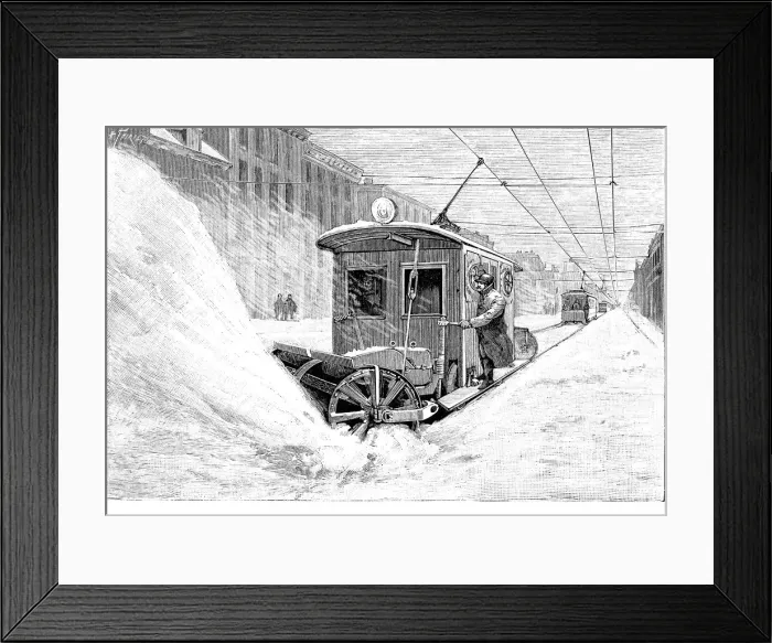 Framed Print : Snowplough train - tram, clearing the streets of the city of Minnesota in 1893 Framed Print : Snowplough train - tram, clearing the streets of the city of Minnesota in 1893