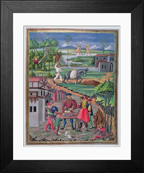 Framed Print : Country Life and hand games, Illustration in De Sphera, illuminated manuscript, 15th century