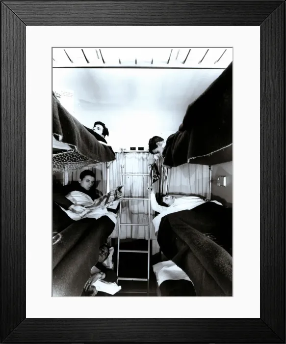 Framed Print : Interior of a traveler car wagon with bunks, 1950