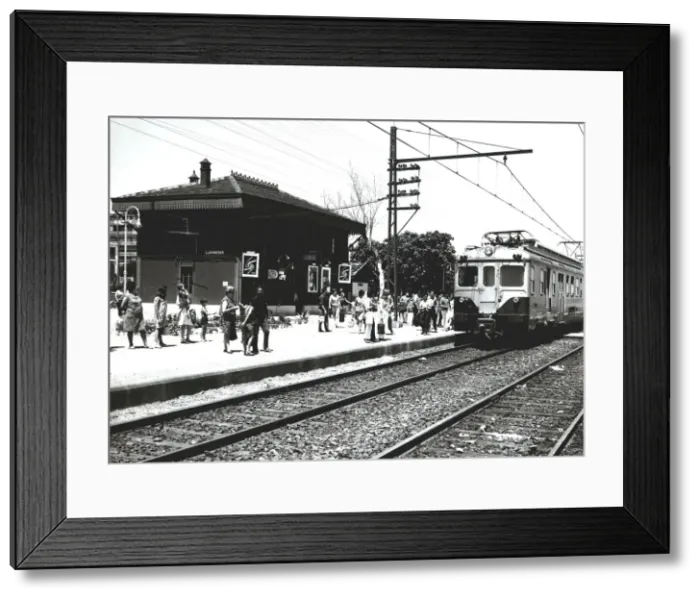 Framed Print : Arrival of the train at the Llavaneras station, 1950 Framed Print : Arrival of the train at the Llavaneras station, 1950