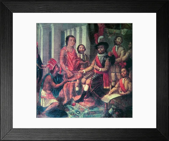 Framed Print : Hernan Cortes, Marques del Valle de Oaxaca representing Spain at the Indians Framed Print : Hernan Cortes, Marques del Valle de Oaxaca representing Spain at the Indians