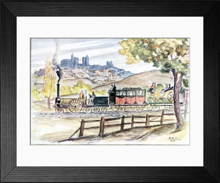 Framed Print : The inaugural train of the line from Madrid to Zaragoza in 1859, passing by Siguenza Framed Print : The inaugural train of the line from Madrid to Zaragoza in 1859, passing by Siguenza