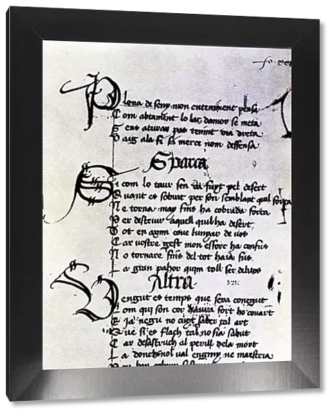 Manuscript by Ausias March, folio XXIX, XXVIII poems, Gothic writing with ornamented
