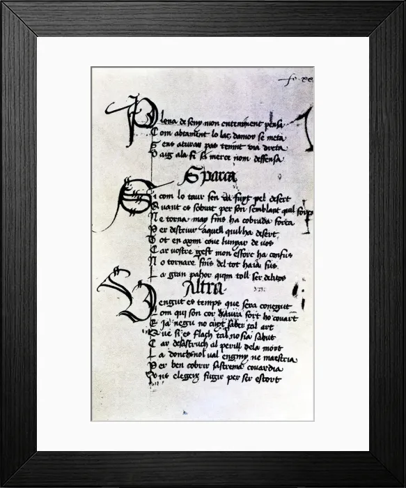 Framed Print : Manuscript by Ausias March, folio XXIX, XXVIII poems, Gothic writing with ornamented