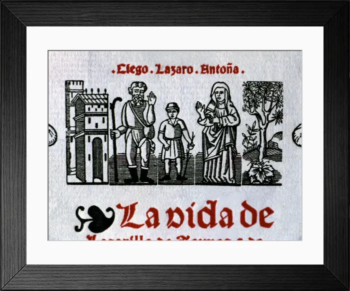 Framed Print : The Life of Lazarillo de Tormes, engraving on the cover, 16th century edition Framed Print : The Life of Lazarillo de Tormes, engraving on the cover, 16th century edition