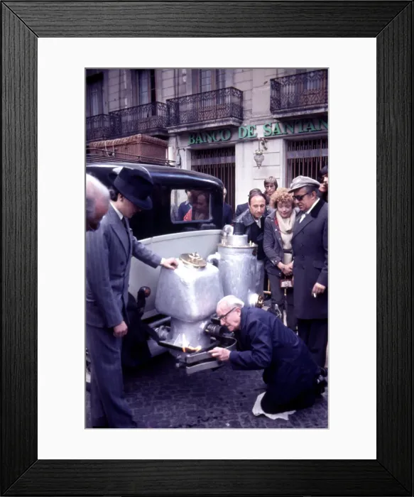Framed Print : Participants in the rally Barcelona Sitges, period dressed in a car with wood gas generator Framed Print : Participants in the rally Barcelona Sitges, period dressed in a car with wood gas generator
