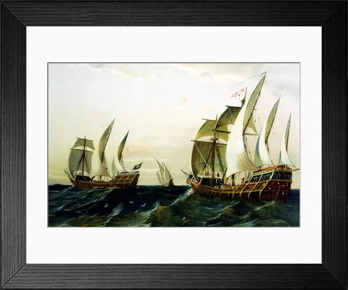 Framed Print : Detail of a lithograph made ??in 1875 showing the Caravels of Columbus first voyage Framed Print : Detail of a lithograph made ??in 1875 showing the Caravels of Columbus first voyage