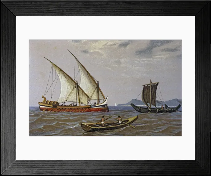 Framed Print : Phoenician trade ship and fishing boats, lithograph, 1875 Framed Print : Phoenician trade ship and fishing boats, lithograph, 1875