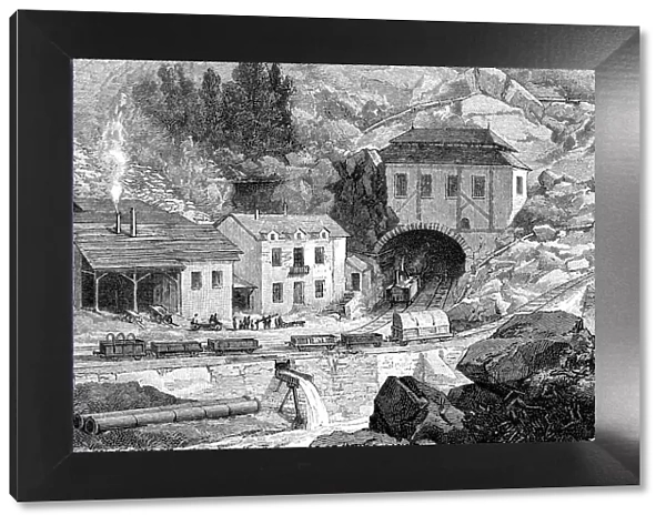 Entrance of the railroad in Saint - Gotthard tunnel in Swiss Alps, engraving, 1882