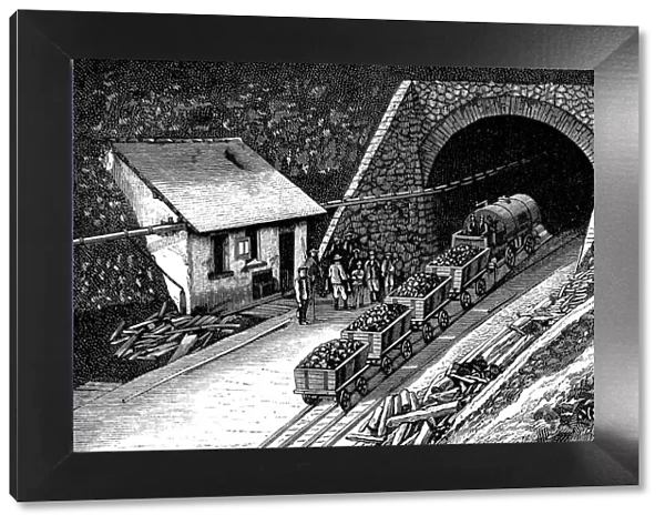 Railway entering the Saint - Gothard tunnel, in the Swiss Alps, engraving 1877