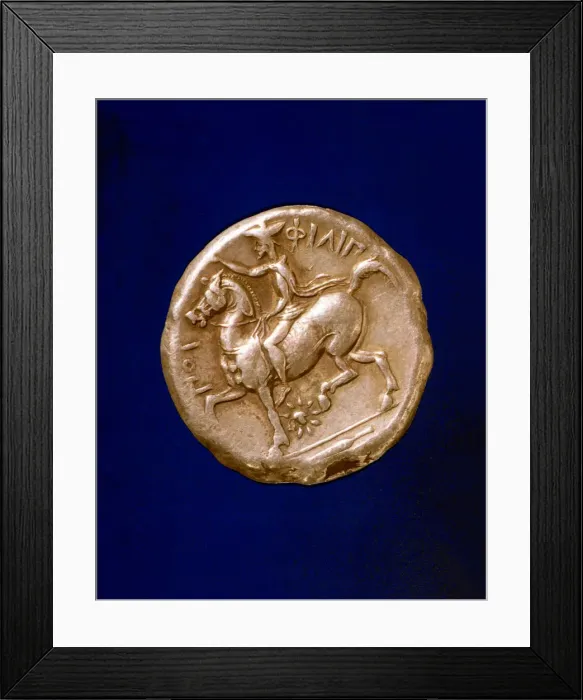 Framed Print : Gold coin with Philip II (382-336 a. C. ), king of Macedonia Framed Print : Gold coin with Philip II (382-336 a. C. ), king of Macedonia