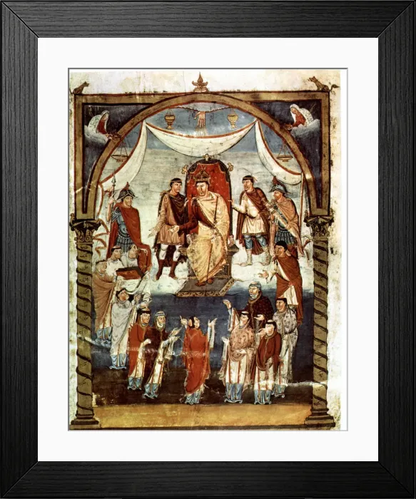 Framed Print : Miniature in a Gospel book from 10th century, Charles II The Bald (823-877), king Framed Print : Miniature in a Gospel book from 10th century, Charles II The Bald (823-877), king