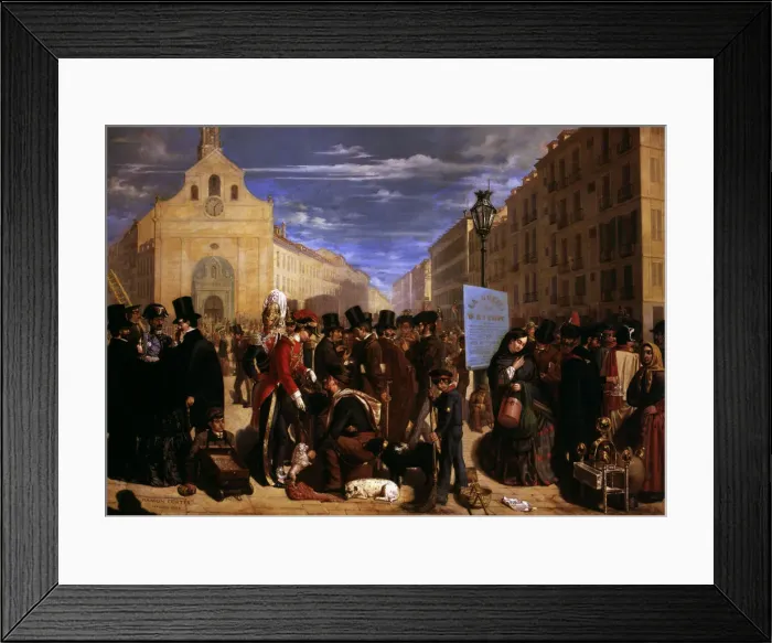 Framed Print : Traditional Madrid people in Puerta del Sol in Madrid before the urban reform, 1855 Framed Print : Traditional Madrid people in Puerta del Sol in Madrid before the urban reform, 1855