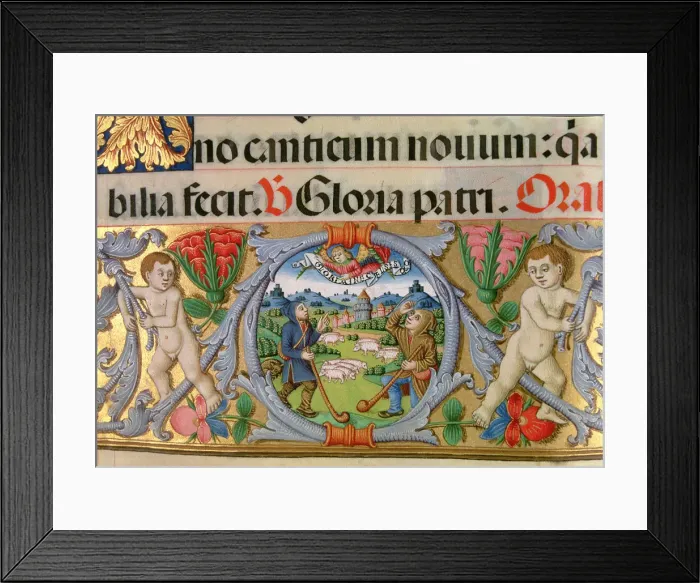 Framed Print : Shepherding scene with the castle at background, border of the rich Missal of Cardinal Cisneros Framed Print : Shepherding scene with the castle at background, border of the rich Missal of Cardinal Cisneros