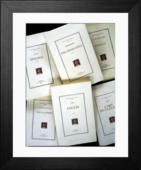 Framed Print : Several copies of samples of classic books of the Bernat Metge Foundation, published Framed Print : Several copies of samples of classic books of the Bernat Metge Foundation, published