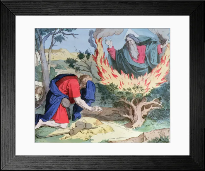 Framed Print : God appears to Moses in a burning bramble, engraving, 1860 Framed Print : God appears to Moses in a burning bramble, engraving, 1860